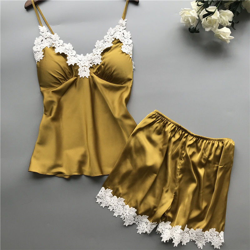 Bernapas Wanita Piyama Baju Tidur Satin Dua Potong Renda Lingerie Set Leher V