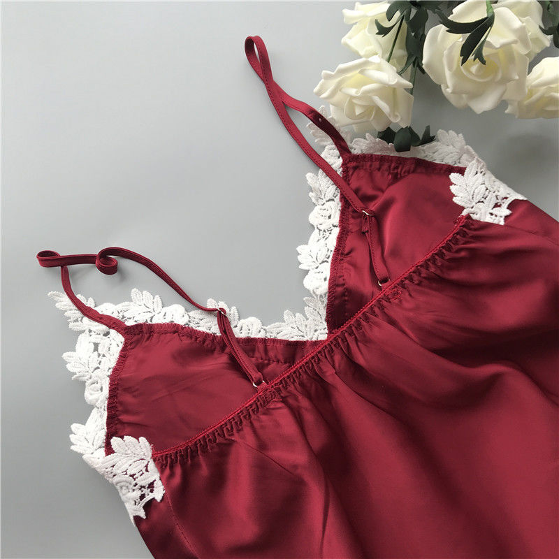Bernapas Wanita Piyama Baju Tidur Satin Dua Potong Renda Lingerie Set Leher V