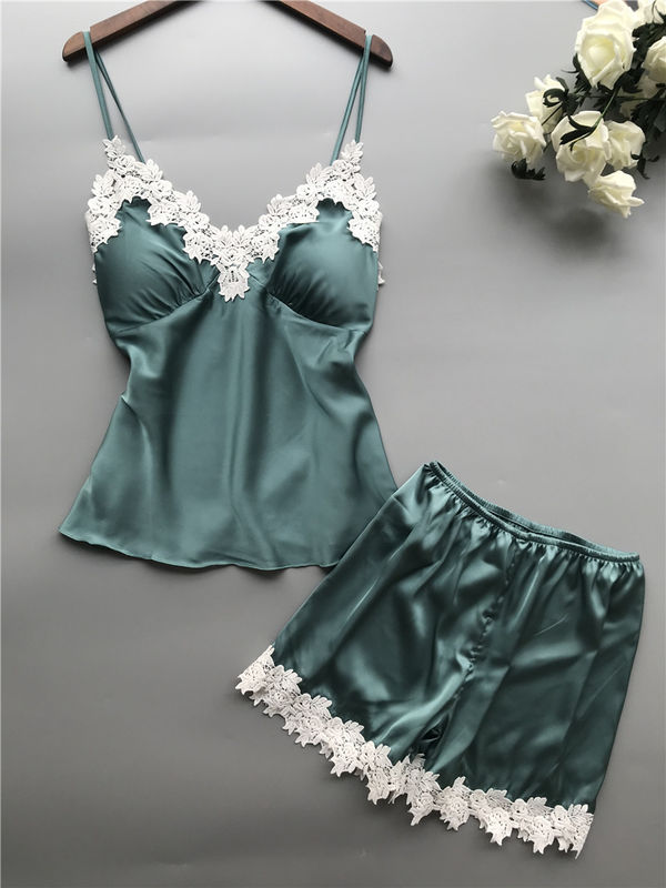Bernapas Wanita Piyama Baju Tidur Satin Dua Potong Renda Lingerie Set Leher V