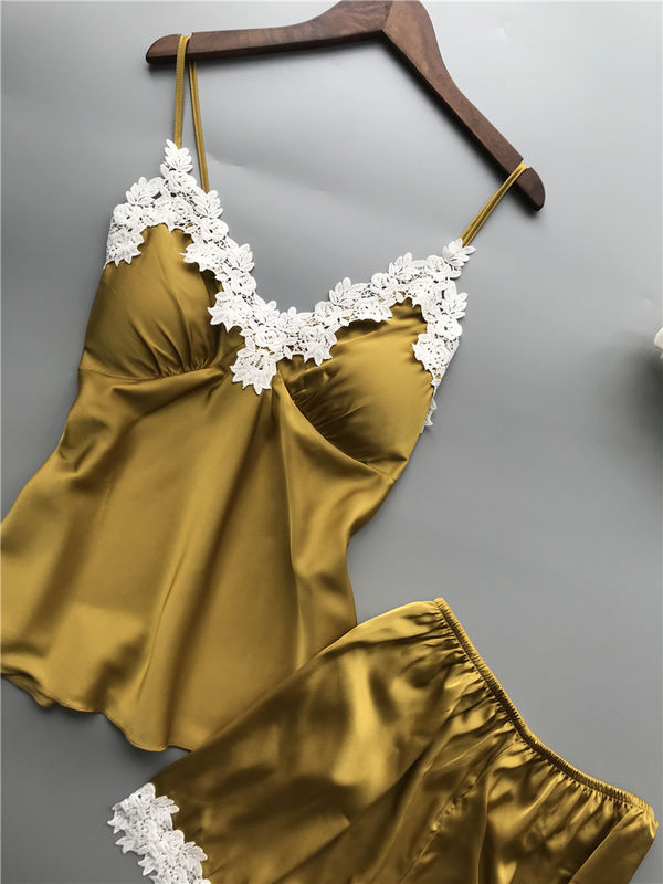 Bernapas Wanita Piyama Baju Tidur Satin Dua Potong Renda Lingerie Set Leher V