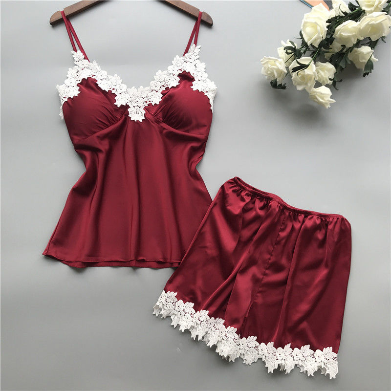 Bernapas Wanita Piyama Baju Tidur Satin Dua Potong Renda Lingerie Set Leher V