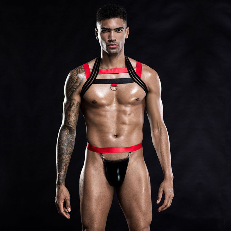 Baju Tidur Pria Seksi Bodysuit Rompi Hitam Payudara 105 Cm Pinggang 76 Cm Belt Role Play