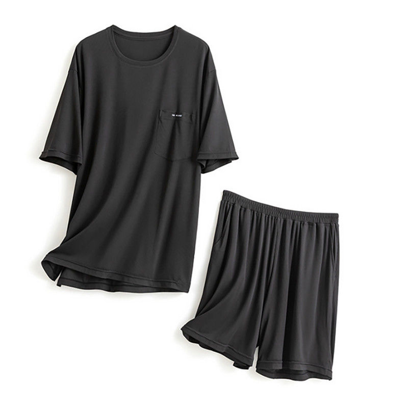 Sutra XXL Mens Baju Tidur Rajutan 114 cm Dada Biru Malam Setelan Pakaian Rumah Musim Panas