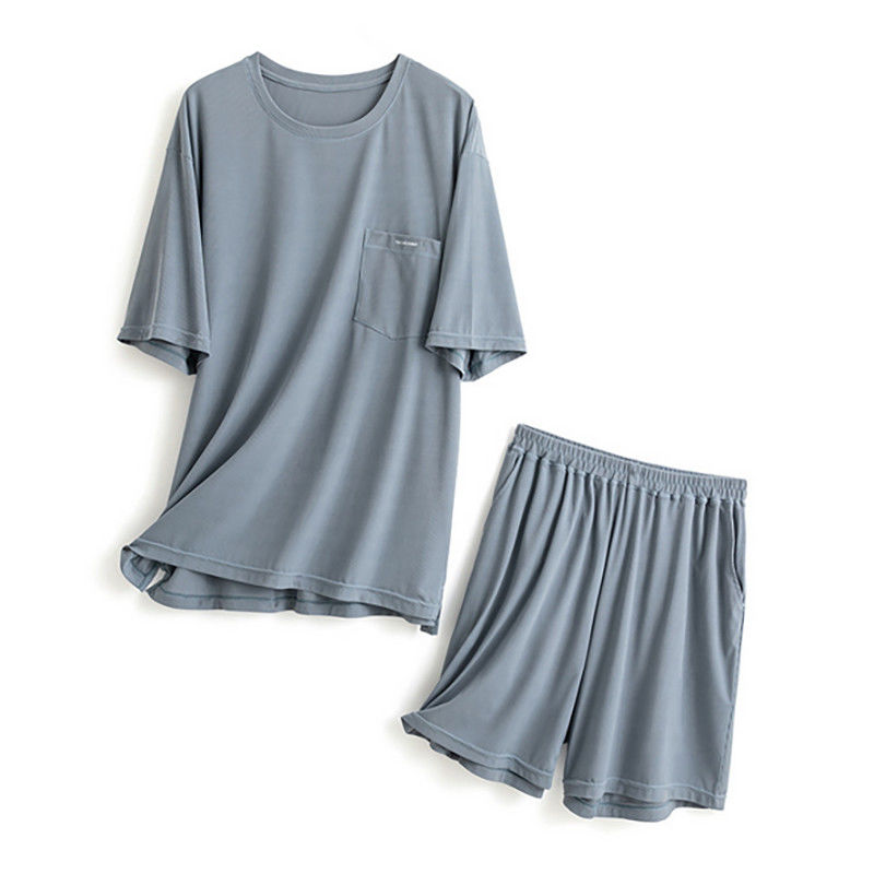 Sutra XXL Mens Baju Tidur Rajutan 114 cm Dada Biru Malam Setelan Pakaian Rumah Musim Panas