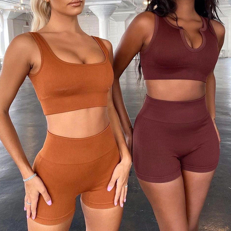 Cangkir Penuh Lengan Panjang Crop Top Sports Bra Elastane 2 Pcs/Set